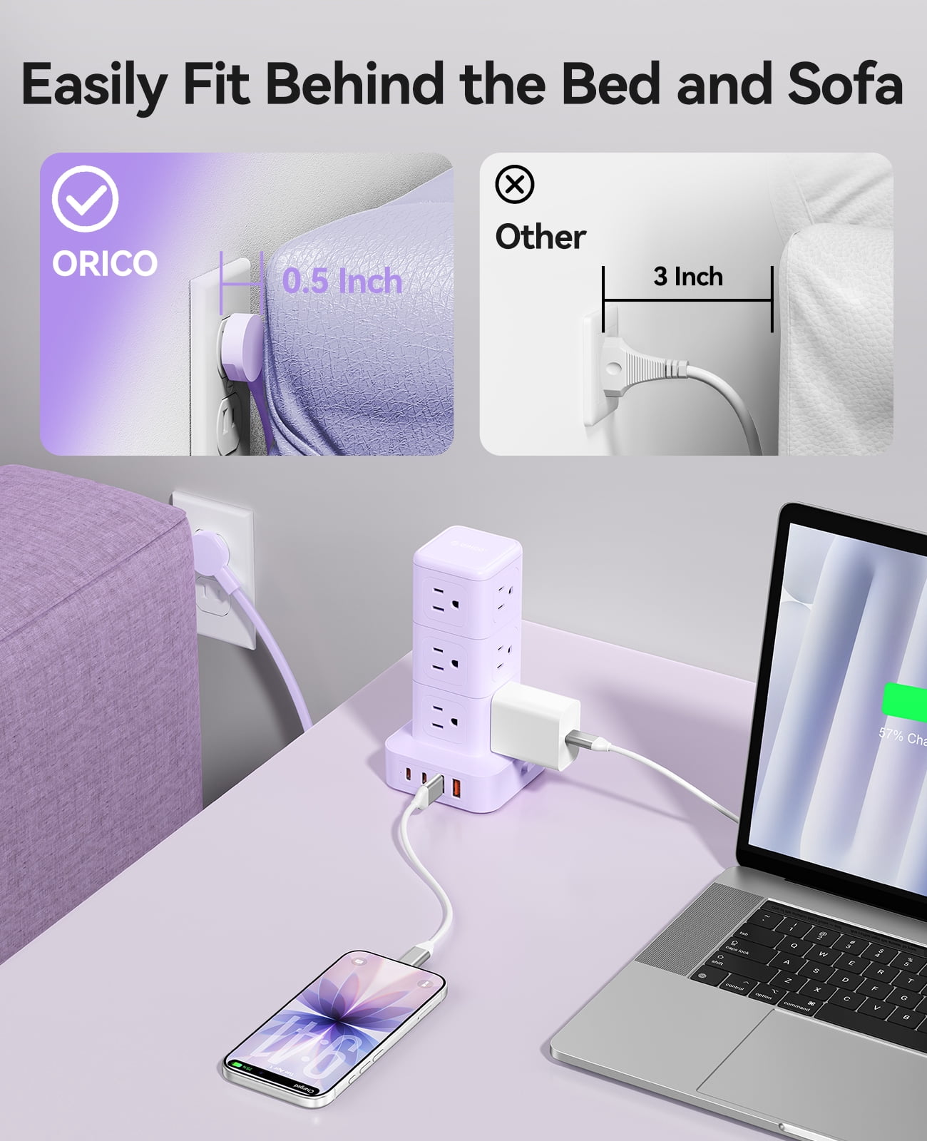 ORICO Power Strip Tower with Multiple Outlets, Tower Extension Cord with 12 AC Outlets 4 USB Ports (2 USB C), Space Saving Design, 5FT Cord Power Tower for Home, Office, Dorm - TPP20 (Purple)