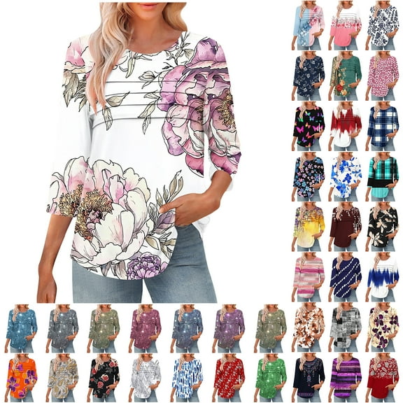 JTZGDY Women's 3/4 Length Sleeve Tops Dressy Casual Ruched Pleated Blouses Cute Floral Printed Crewneck Graphic T-Shirts Loose Curved Hem Tunic Fall Outfit Tshirts Clothes Army Green#01 XXL