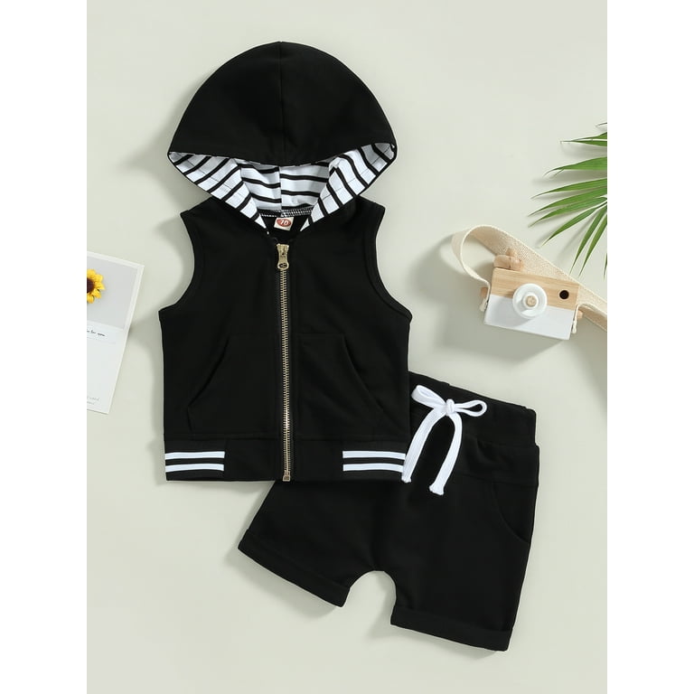 Sprifallbaby Toddler Boys Sleeveless Zipper Hoodie Solid Color Drawstring Shorts Summer Outfit Sets 3M 3T