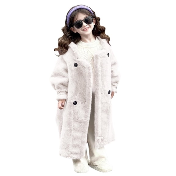 xaoyunyn Fuzzy Overcoats for Girls Winter Long Warm Button Down Jacket Casual Loose Soft Outerwear with Pockets 5-14 Years