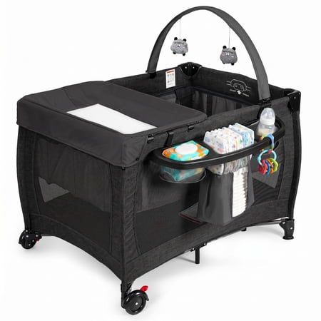 SACVON Baby Playard with Detachable Infant Bassinet and Changing Table, Foldable Travel Play Yard with Storage Basket and Wheels,Black