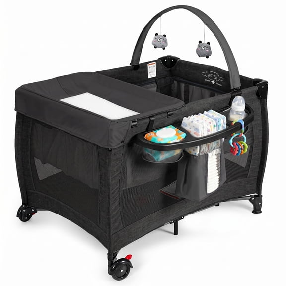 SACVON Baby Playard with Detachable Infant Bassinet and Changing Table, Foldable Travel Play Yard with Storage Basket and Wheels,Black