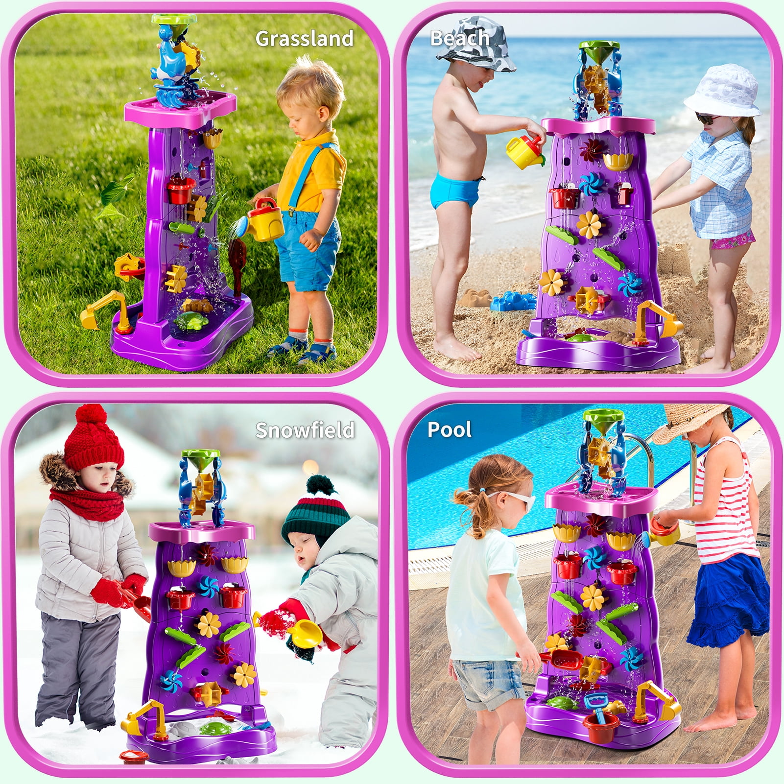 Kids Waterfall Water Table Play Set -Purple- Double-Sided Waterfall Discovery Wall, With Shovels, Buckets, Sea Creatures for Outdoor Backyard Beach Sensory Play, Gift for Boys Girls Age 3+
