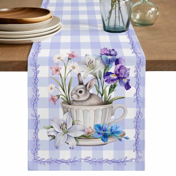 Spring Easter Table Runner 48 Inches, Bunny Botanical Flowers Leaves Purple Check Bed Runner Dresser Scarves Tabletop for Indoor Outdoor Parties/Ceremony/Banquet, 13" x 48"