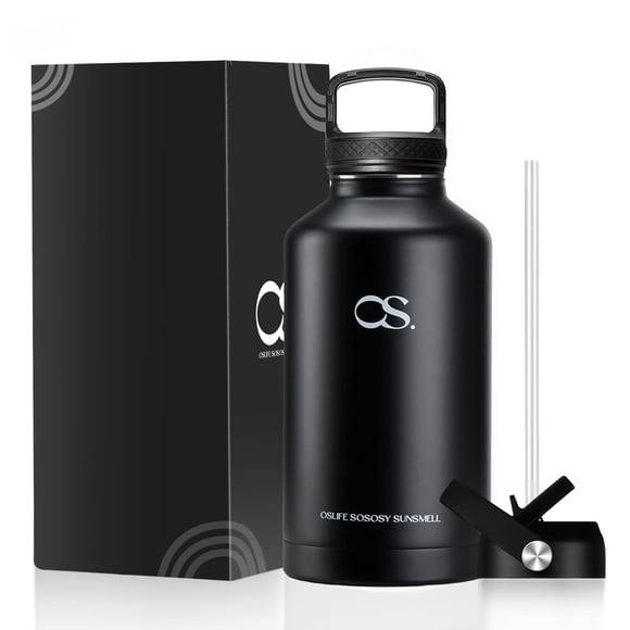 OSLIFE Termo Acero Inoxidable,Botella de Agua con 2 Tapas,Agua Fría 24 Horas o Caliente 12 Horas,Hermética Antigoteo,contigo (Negro, 2 Litros)