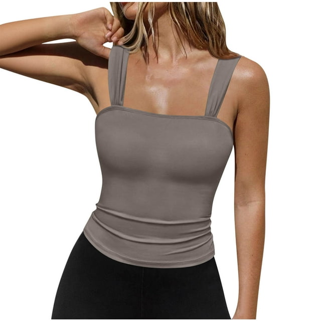 Blusa de poliéster para mujer, sin mangas, con cuello cuadrado y tirantes finos, de color liso