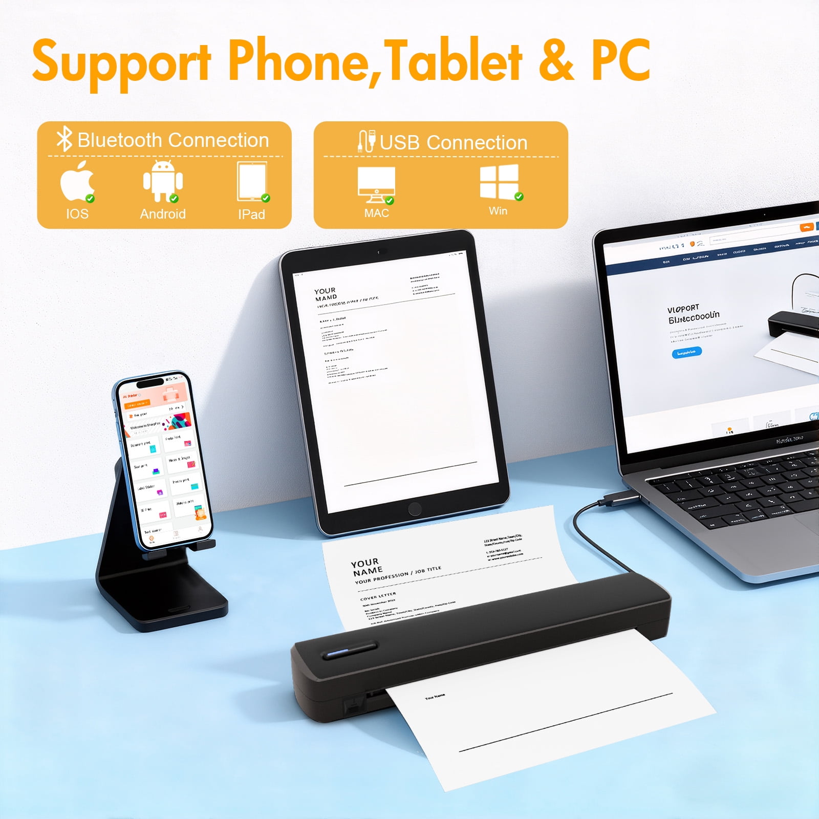 Chicarygo Thermal Printer, Portable Wireless Printer, Bluetooth Inkless for Travel Home Office School Use, Support US Letter/A4/A5/B5 Thermal Paper, Compatible with Android iOS Phone & Laptop