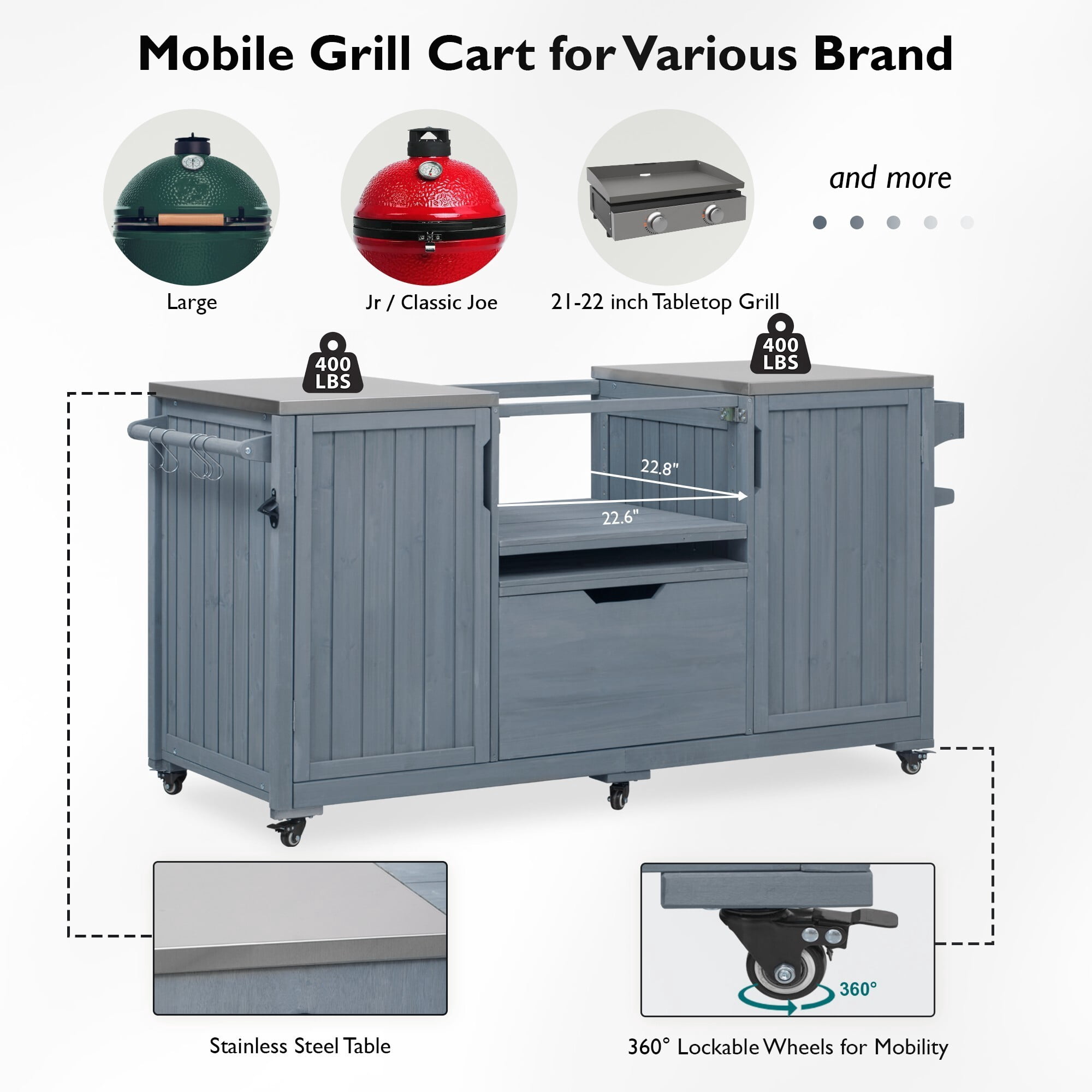 AENKYO 66.5" Outdoor Kitchen Island for Big Green Egg, Solid Wood Grill Cart with Stainless Steel Top, Gray Blue