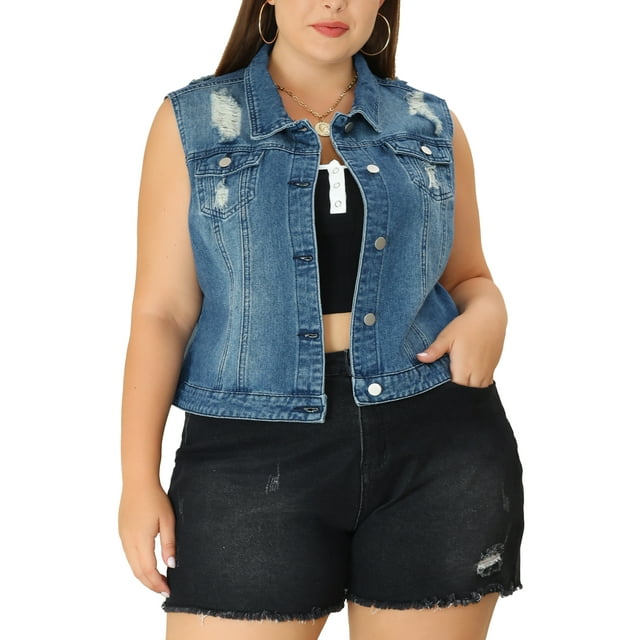 Agnes Orinda Women's Plus Size Casual Button Sleeveless Denim Vest Jacket 3X Blue Ripped