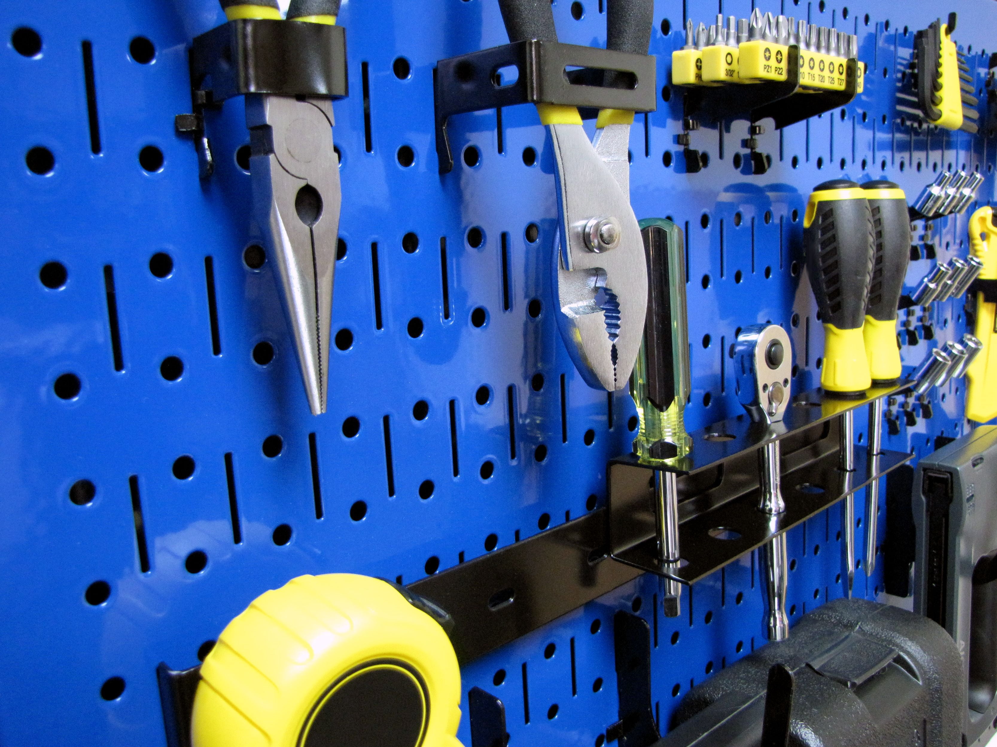 Wall Control Modular Pegboard Tool Organizer System - Wall-Mounted Metal Peg Board Tool Storage Unit for Pegboard Tiling (Blue Pegboard)