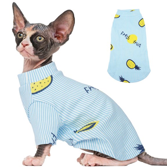 ZZ Sphynx Cat Clothes, Stretchy Hairless Cats Shirt, Soft Cat Pajamas, Pullover Kitten Sweater, Cute Kitten Clothes for Sphynx Cornish Rex, Devon Rex, Blue Stripes Pineapple Print, XL
