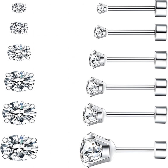 DESIGNICE 6 Pairs Hypoallergenic Cubic Zirconia Earrings Surgical Steel Flat Back Studs for Cartilage, Screw Back Fashion Jewelry