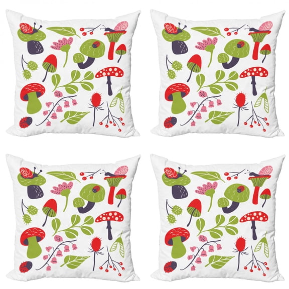 Nature Throw Pillow Cushion Case Pack of 4, Forest Pink Toned Thistle Lily of the Valley Berry and Snails, Modern Accent Double-Sided Print, 4 Sizes, Vermilion Eggplant Green, by Ambesonne