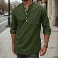 thumbnail image 6 of Mens Long Sleeve Linen Henley Shirt Cotton Casual Outdoor Button-Up with Roll Up Sleeves Green, 6 of 8