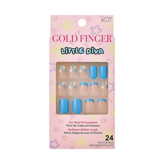 GoldFinger Little Diva Press On Nails, 24 Pcs Pre-Glued Stick On Nails for Kids, No Glue Required, Safe & Easy Removal with Water, For Children & Girls Ages 7 , Blue French Tip Flower Fake Nail Kit