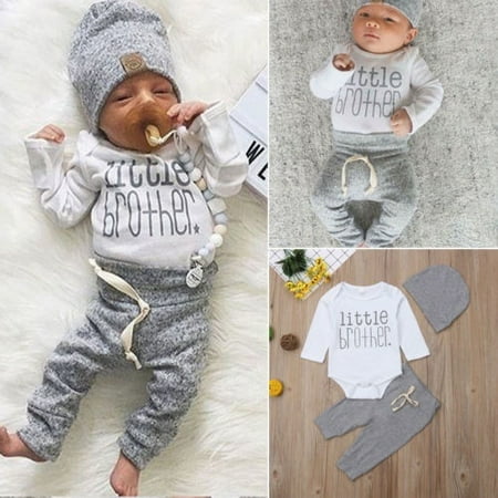Infant Newborn Baby Boy Clothes Little Brother Print Romper Pants Legging Hat Outfits Set