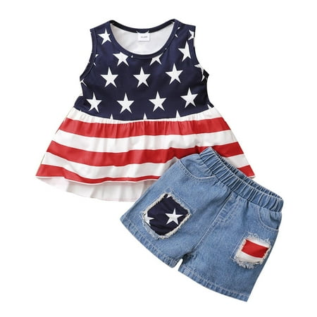 

IROINNID Girls Summer Independence Day Sleeveless Striped Skirt Denim Shorts 2pcs Suit