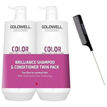 Dualsenses COLOR BRILLIANCE Shampoo & Conditioner DUO Set (with Sleek Steel Pin Rat Tail Comb) Dual Senses Colored Hair Protection (33 oz + 33 oz - LARGE LITER DUO KIT)