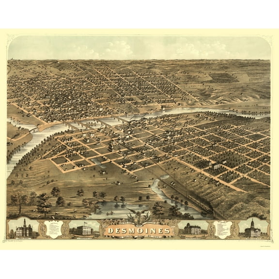 Historic Panoramic View - Des Moines Iowa - Ruger 1868 - Vintage Wall Art