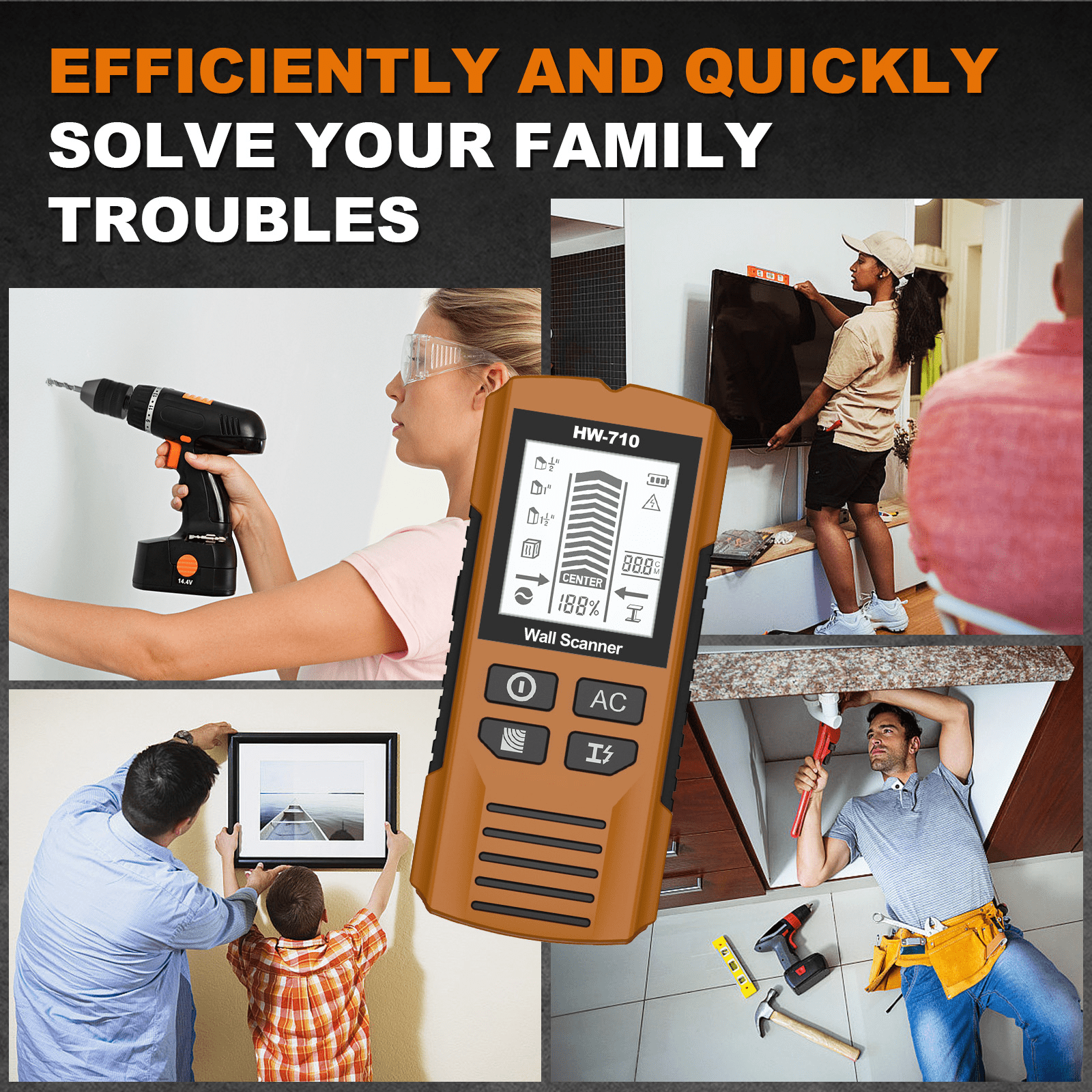 Multifunctional Handheld Metal & Wall Detector,Portable Wire Pipe Power Detector,6 In 1 Stud Finder Wall Scanner,HD LCD Display and Audio Alarm, High Sensitivity Sensor for Detecting Wood,Cables