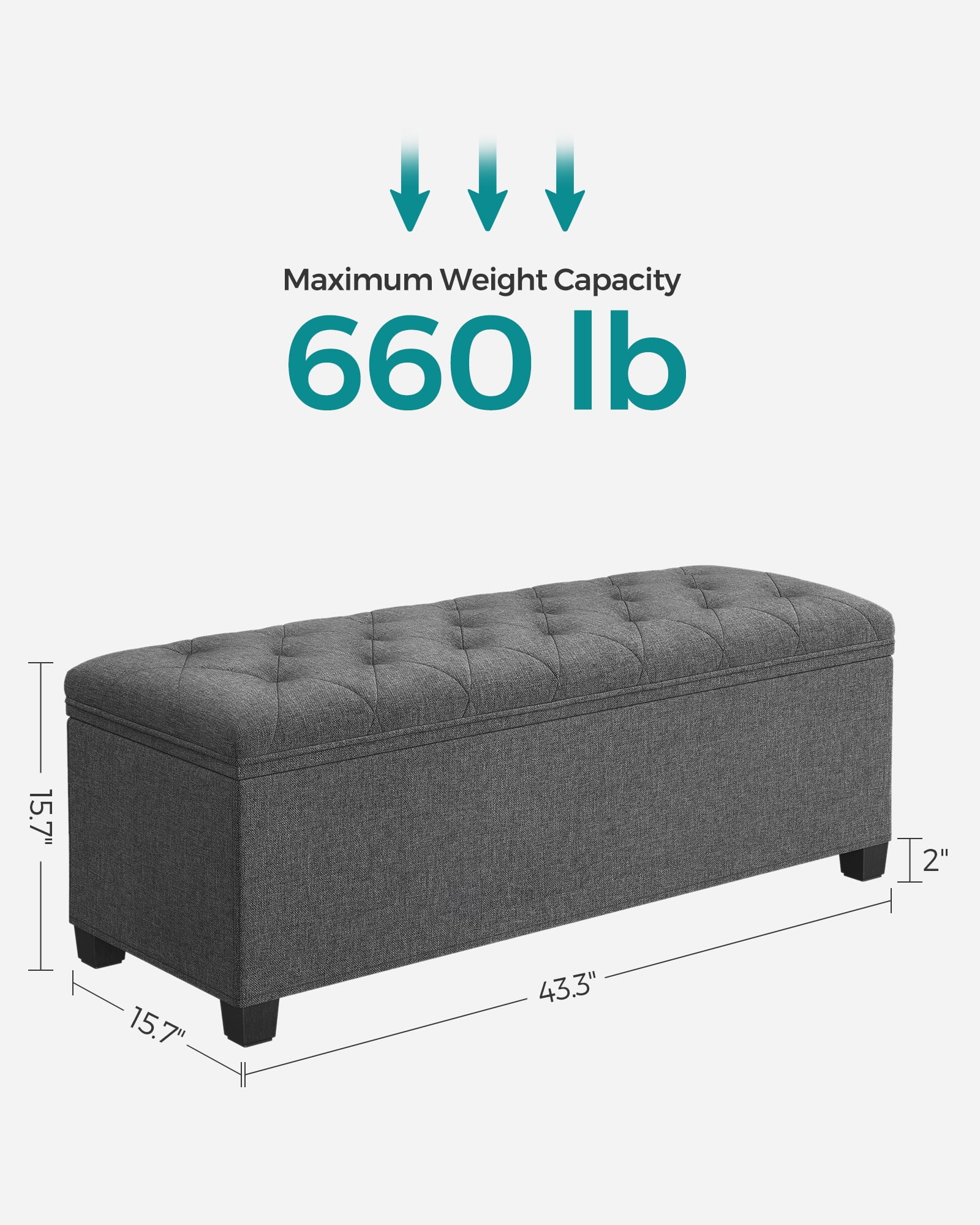 SONGMICS 43.3" Storage Ottoman Bench Hold up to 660lbs Bedroom Ottoman Bench Enough Storage for Bedroom Entryway Living Room Dark Gray