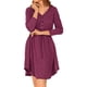 thumbnail image 2 of Vestido de mujer con botones de cinturón Color puro cuello en V Vestido corto de manga larga para otoño invierno rojo vino S, 2 of 7