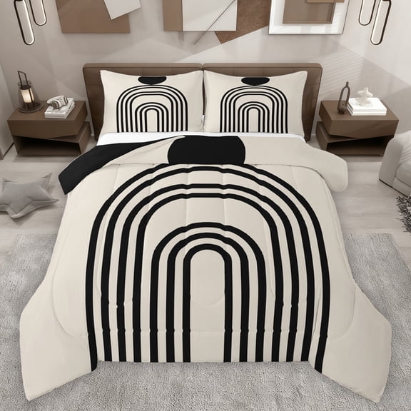 jejeloiu Retro Striped Pattern Bedding Comforter Set,Abstract Geometric Artwork Twin Comforter Sets,Black Khaki Bedding Set For Adult,Ultra Soft Home Decor Reversible,2 Pieces