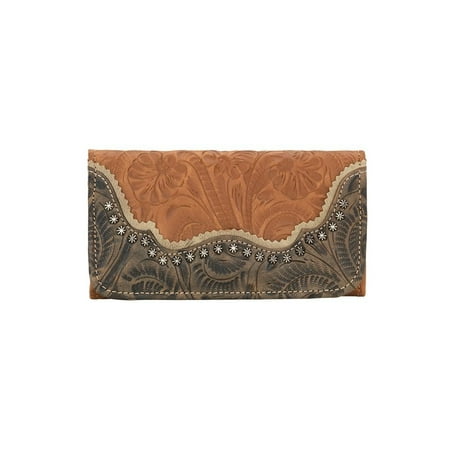 American West 2615282 Saddle Ridge Ladies Tri-fold Wallet, Golden Tan, Distressed Charcoal Brown & Sand