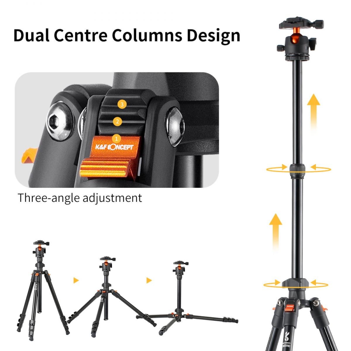 K&F Concept 64" Lightweight Aluminum Camera Tripod, 17.6lbs/8kg Load Compact Vlog Travel Tripod with 360 Degree Ball Head for DSLR Cameras