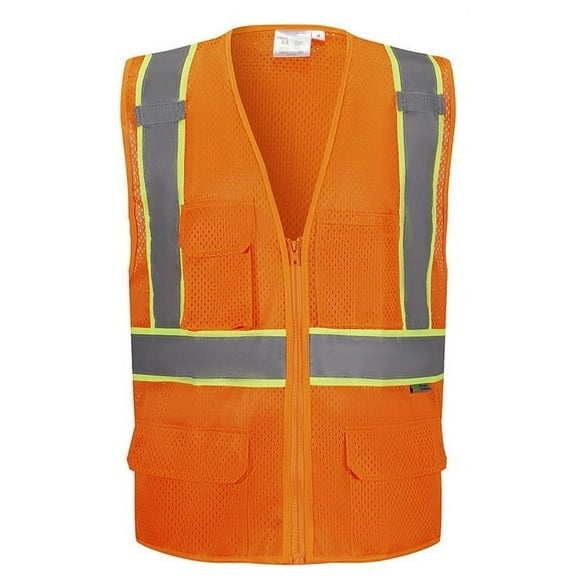 3C Products Deluxe Safety Orange ANSI Class 2 Cool Mesh Safety Vest w/ Green Contrast Piping, Dual Mic Tabs and 4 Pockets