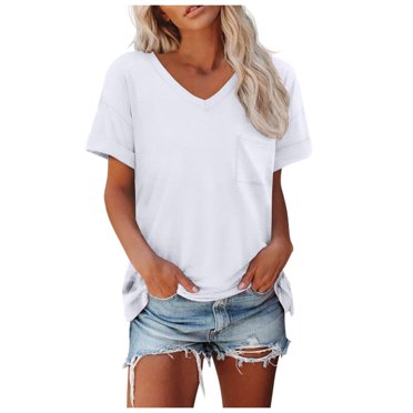 Hiiyo T-Shirt pour Femme à Col en V, Manches Courtes, T-Shirt Uni d'Été Décontracté, Blanc P