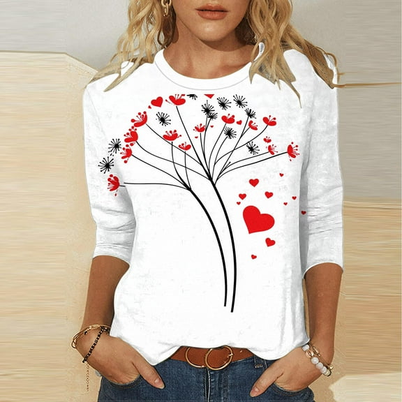 Jsaierl Valentines Day Shirts Womens Plus Size Love Heart Graphic Tees Cotton 3/4 Sleeve Blouse Crewneck Holiday T-shirt Tops Valentines Day Gifts