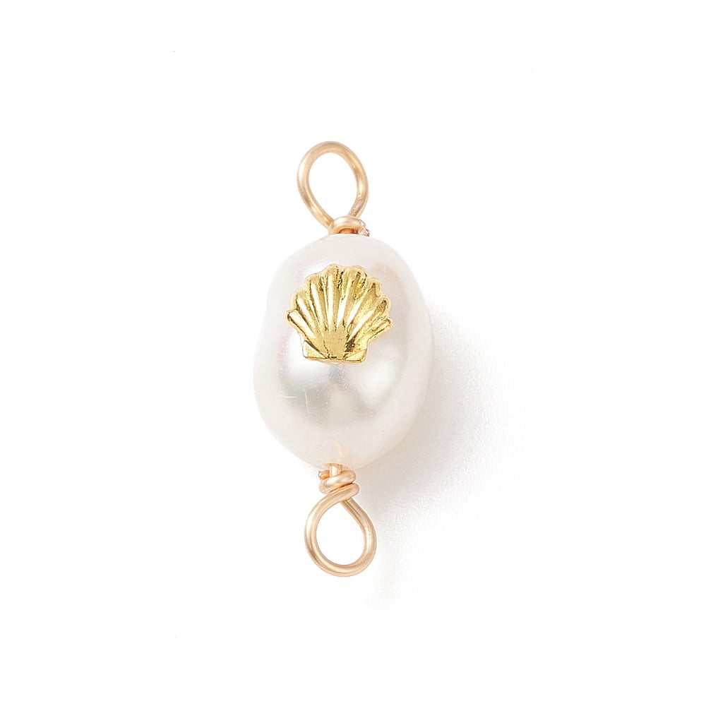 50pcs Grade AA Cultured Freshwater Pearl Connector with Golden Tone Alloy Slices Two Sides Polished with Copper Wire Double Loops Shell Pattern 20~21x8~9x6~8mm Hole: 2.5mm