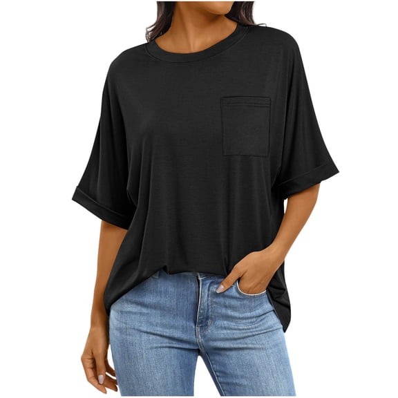 Summer Fashion Oversize Shirts for Womens 2025 Casual Short Sleeve Solid Color Pocket Ladies Round Neck Top Blouse