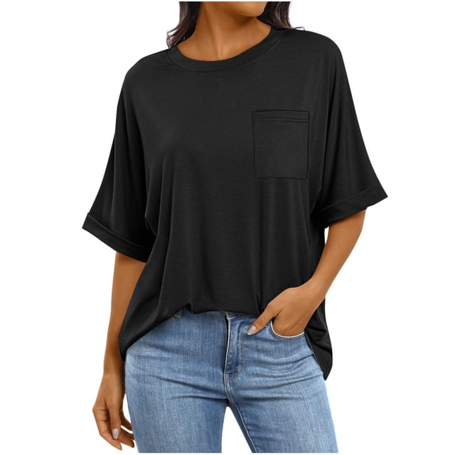 Lmnyox T-Shirt Basique à Manches Courtes pour Femmes Col Rond Couleur Unie Tee-Shirts Amples avec Poche Hauts Décontractés d'Été