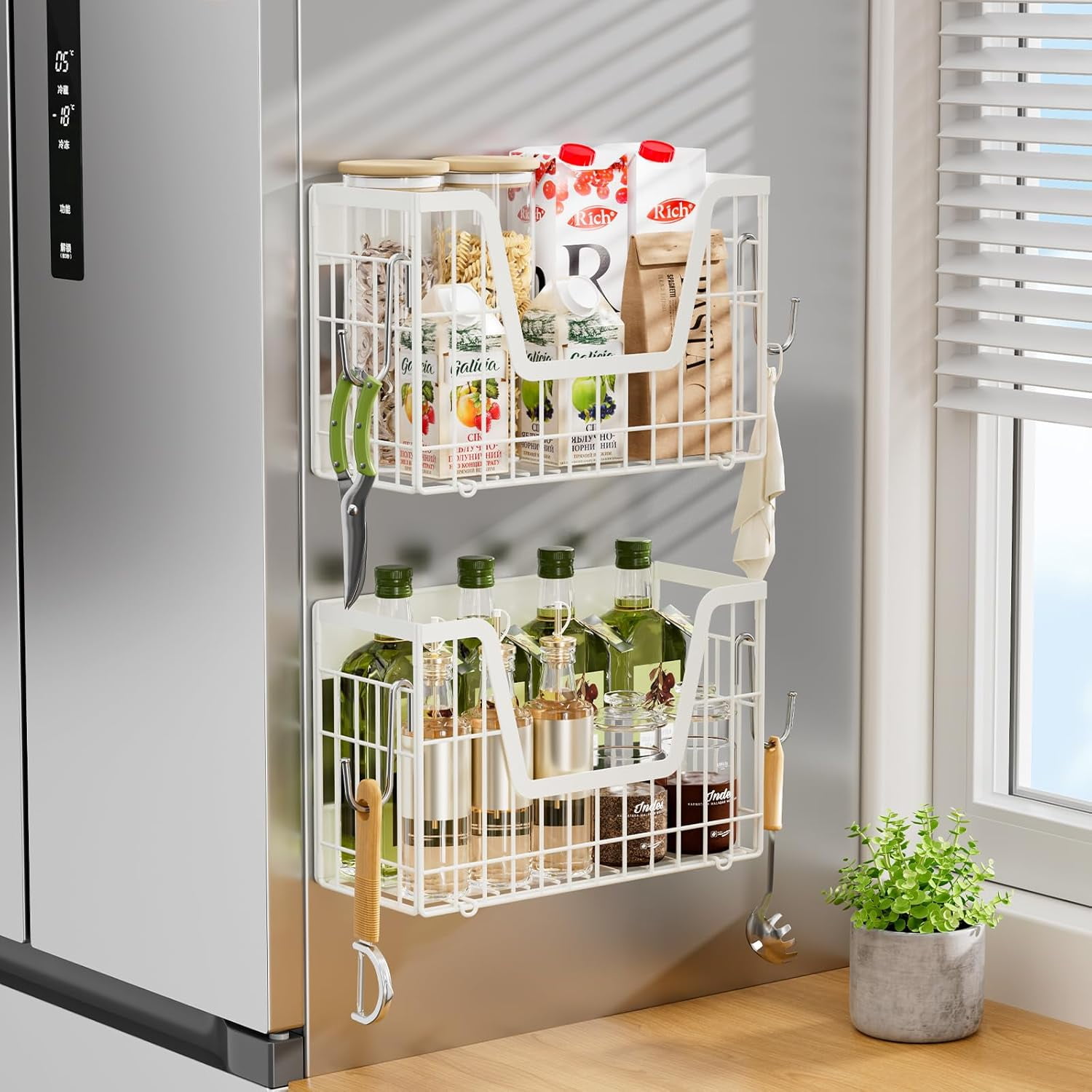 2 Set Magnetic Shelf for Fridge, Potato & Onion Storage Bins, Magnetic Fruit Basket for Refrigerator Pantry Kitchen Counter Laundry, Magnetic Fridge Organizer Spice Snacks Magnet Fridge Shelf