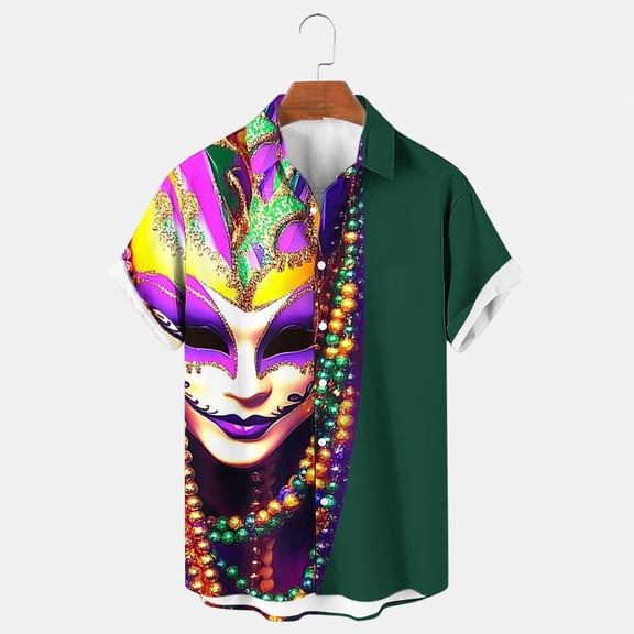 WAENQINLA 2025 Mardi Gras Hawaiian Shirts for Men Classic Short Sleeve Bowling Shirt Summer Button down Shirts Holiday Tops