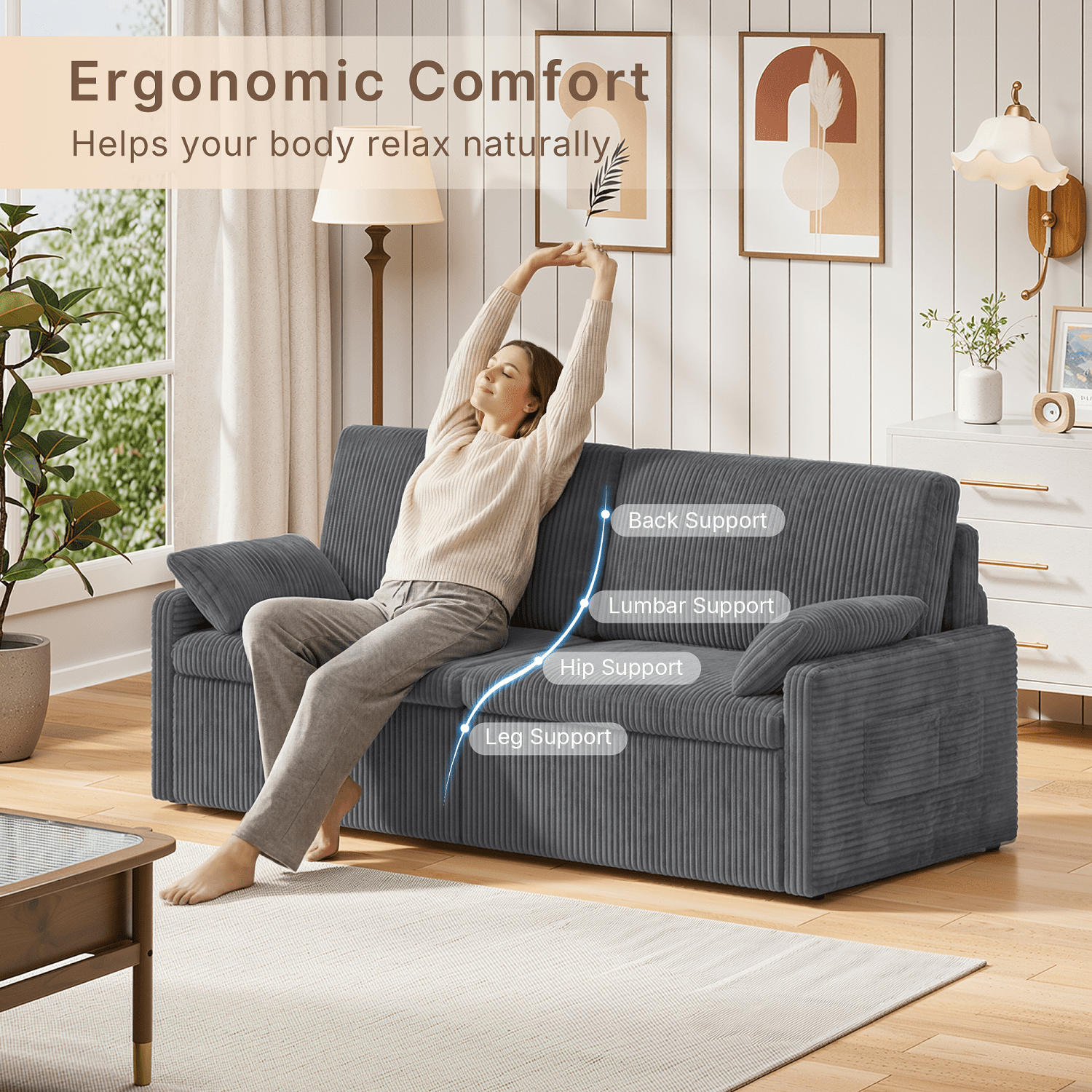 78"W 6 in 1 Convertible  Sofa Bed, Lofka Big Corduroy Sleeper Pull Out Couch with 23.6" Extra Deep Seat, 600 lbs Heavy Duty Metal Frame, Dark Gray