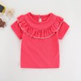 thumbnail image 4 of LNMQLPDBS Girls' Tops, Tees & Blouses Solid Color Short Sleeve Crewneck Shirts Multilayer Ruffle Edge Cute Tops Baby Girl Gifts Summer Clothes for Party Family Photo Hot Pink 5-6 Years, 4 of 4