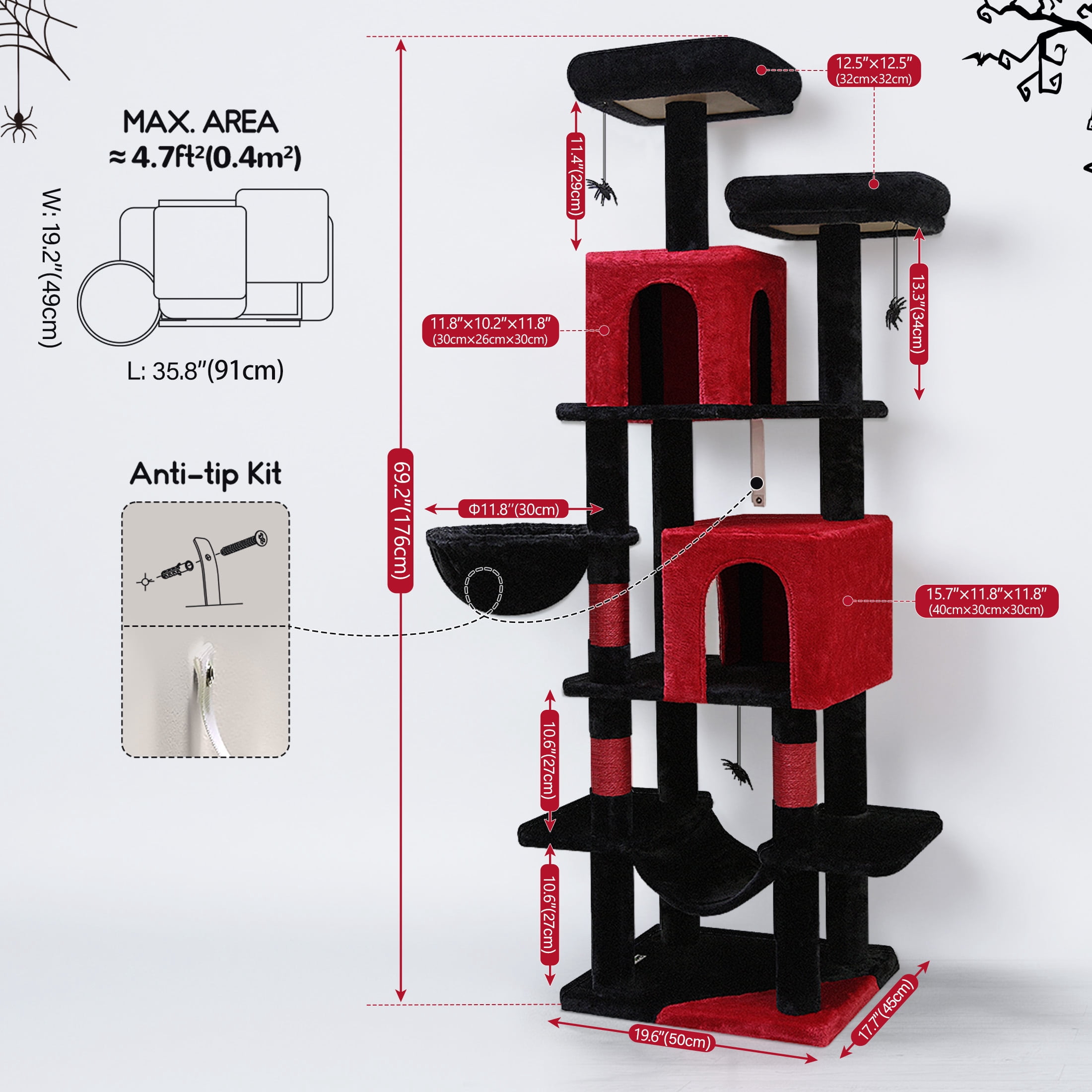 CT70F Gothic Cat Tree - 69" Tall Multi-Level Tower with Condos, Perches & Scratching Posts, Red Black