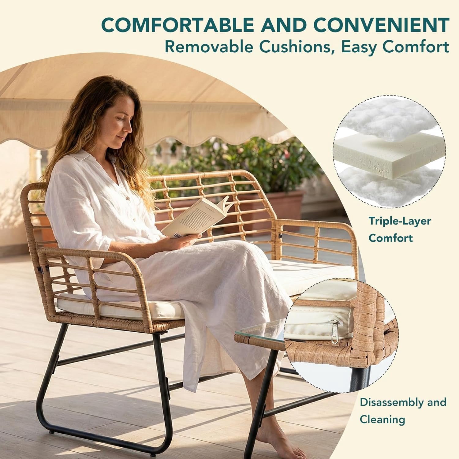4 Pieces Outdoor Patio Furniture Set, Outdoor PE Wicker Patio Conversation Set with Cushion, Glass Table, Pillow, Beige