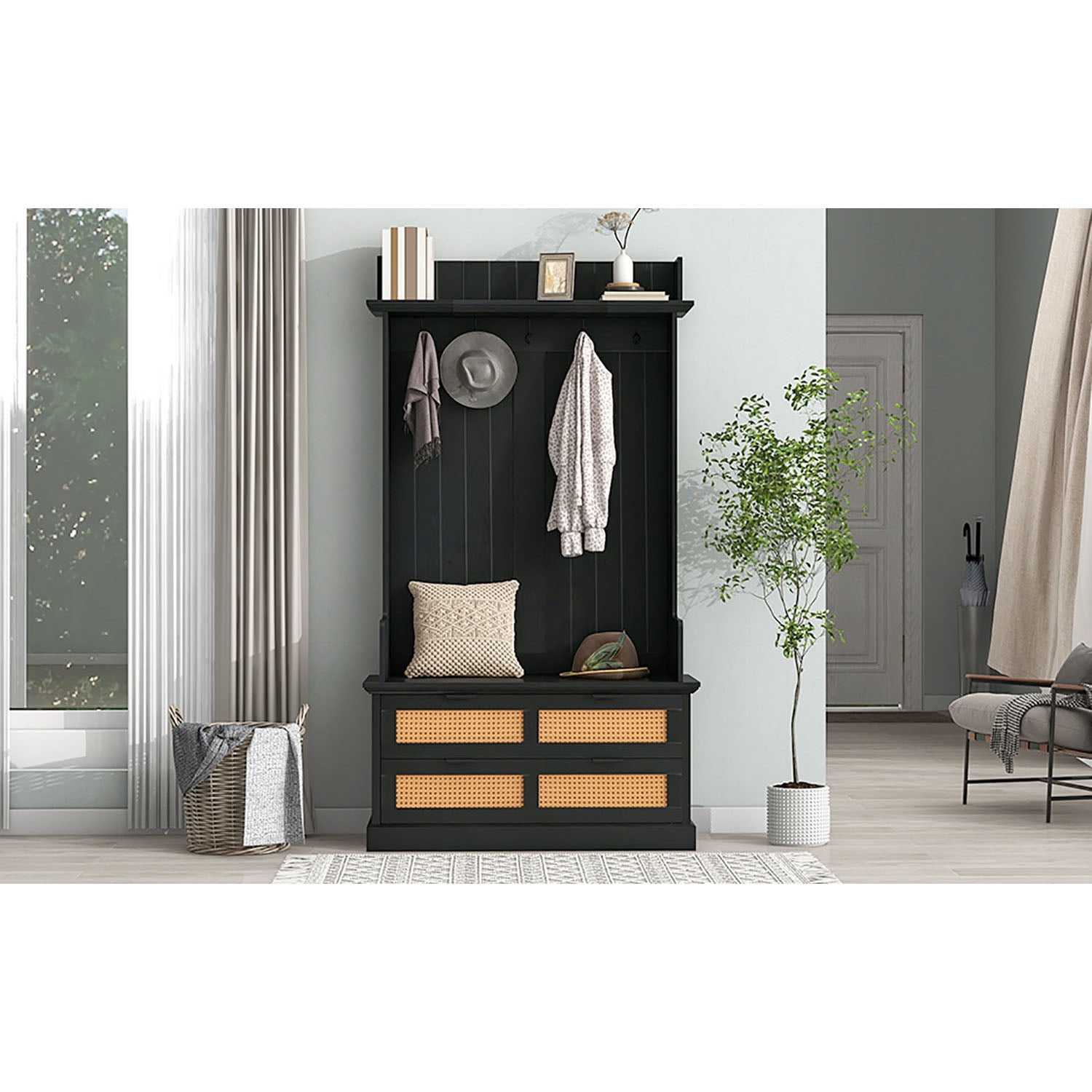 Kadyn Mudroom Hall Tree, Farmhouse Mudroom Hall Tree with 5 Metal Hooks and 2 Large Rattan Element Drawers, Accent Coat Tree with Storage Bench and Metal Drawer Handles, Espresso Kadyn Mudroom Hall Tree, Farmhouse Mudroom Hall Tree with 5 Metal Hooks and 2 Large Rattan Element Drawers, Accent Coat Tree with Storage Bench and Metal Drawer Handles, Espresso