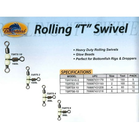 Tsunami Amp - tsunami stainless 3-way glow bead rig rolling # 4 t swivel 80lb lure tsrts4-10