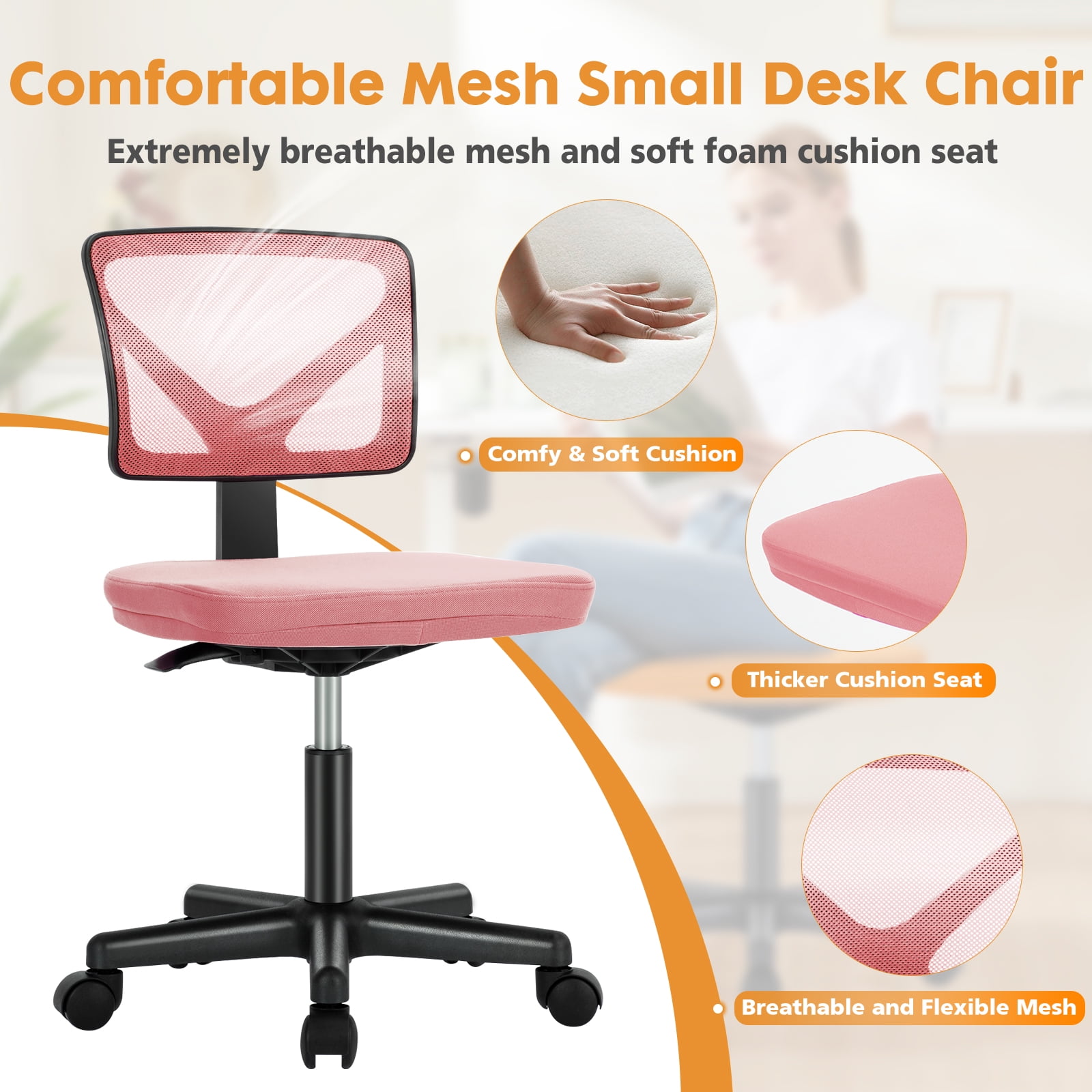 CONCETTA Ergonomic Home Office Mesh Desk Chair, Small Space, Armless Rolling Chair for Adults, Pink