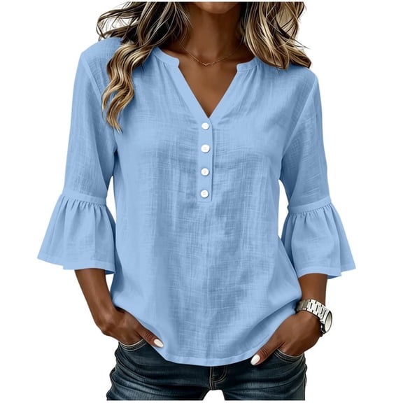 Bosfbaoi 3/4 Length Sleeve Womens Tops Notched V Neck Button Front Flounce Bell Sleeve Casual Blouses
