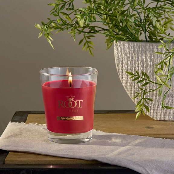 ROOT Candles Strawberry Fields Scented Candle, 10.5 oz Clear Glass Jar – Sweet Berry Fragrance, All-Natural Beeswax Blend, Made in Medina, Ohio