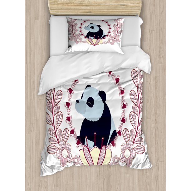 Panda Duvet Cover Set Twin Size, Fluffy Mammal with Spring Flowers