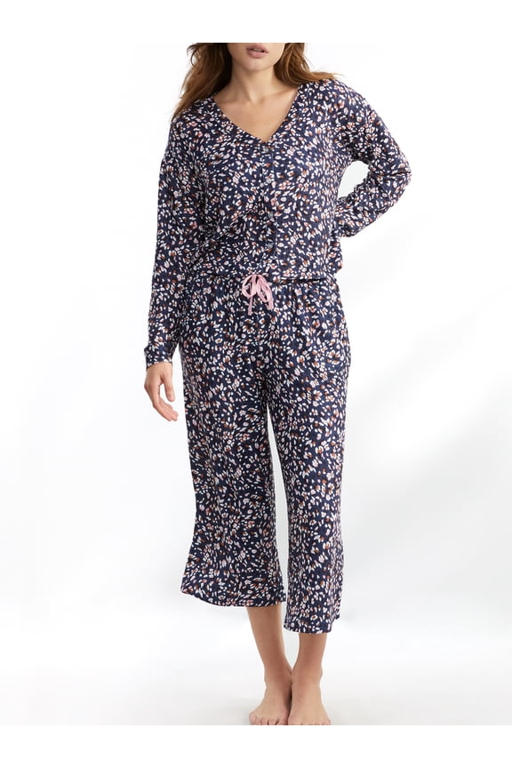 Womens Cardigan Knit Cropped Pajama Set Style-RLD0013