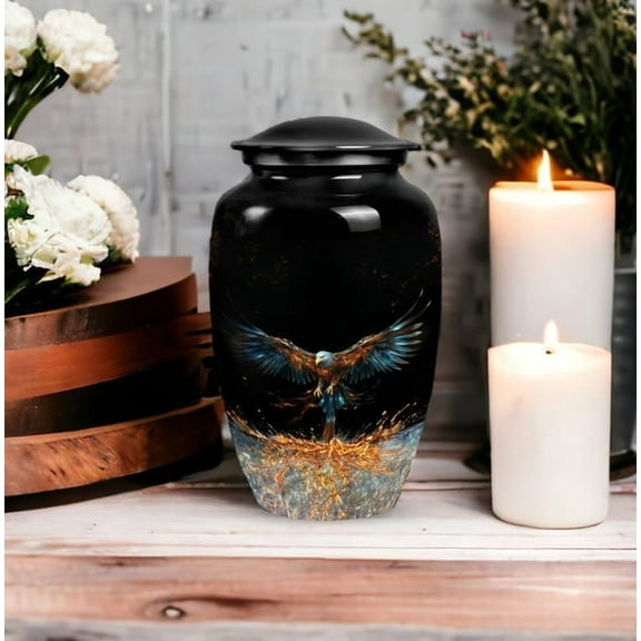 Artistic Black Eagle Cremation Urn, Unique Funeral Urn, Memorial Urn for Human Ashes, Vibrant Decorative Keepsake Urn, Majestic Tribute Urn