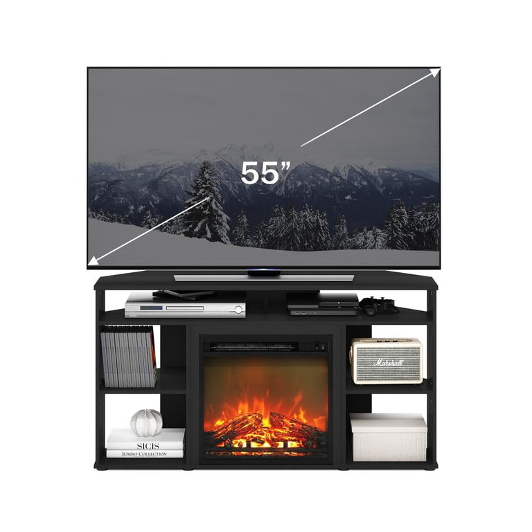 Furinno Corner TV Stand With Electric Fireplace – Fits Up To 55” TV, Americano Finish, 4 Shelves